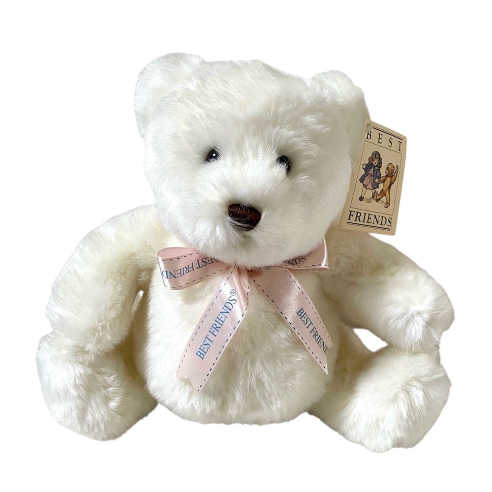 BEST FRIENDS WHITE PLUSH TEDDY BEAR WITH PINK BOW VINTAGE 1990s, 11” NWT